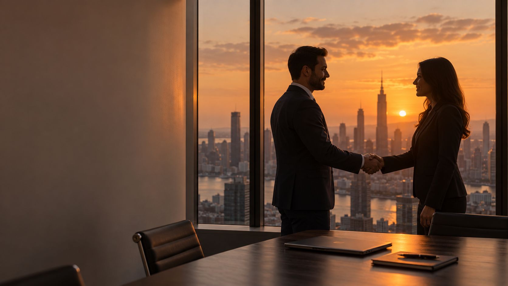 Dos directivos se dan la mano en una oficina en altura con la ciudad al atardecer